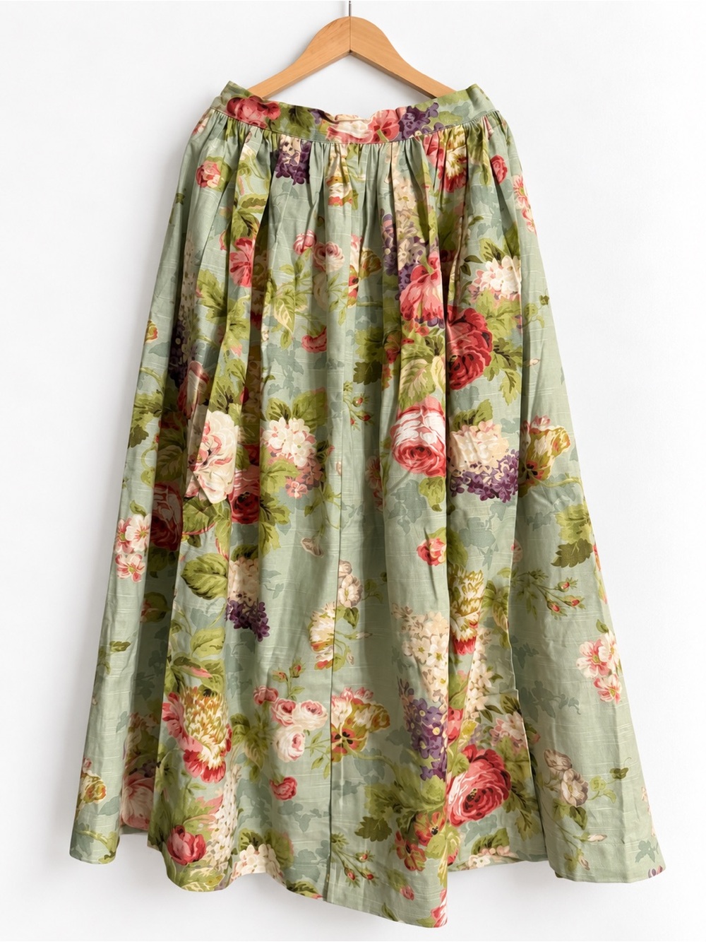Vintage-Inspired Sage Floral Full Maxi Skirt